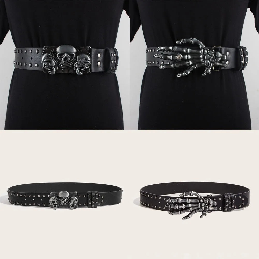 Fashion Casual Skull Belt Punk Versatile Gothic Leather Belt Adjustable Snap on Waist Belt Unisex