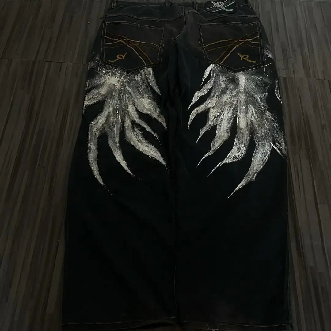 Y2K Fashion Baggy Jeans Goth Stripe Embroidery Straight Leg Pants Wing Hot melt Loose Denim Jeans Men Fashion Wide-Leg Trousers