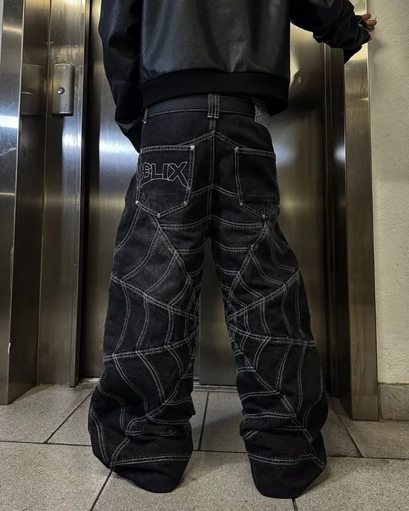 Trendy Harajuku Hip-hop Spider Striped Print Jeans Men Y2k American High Waist Wash Oversized Trousers Wide-leg Pants Women