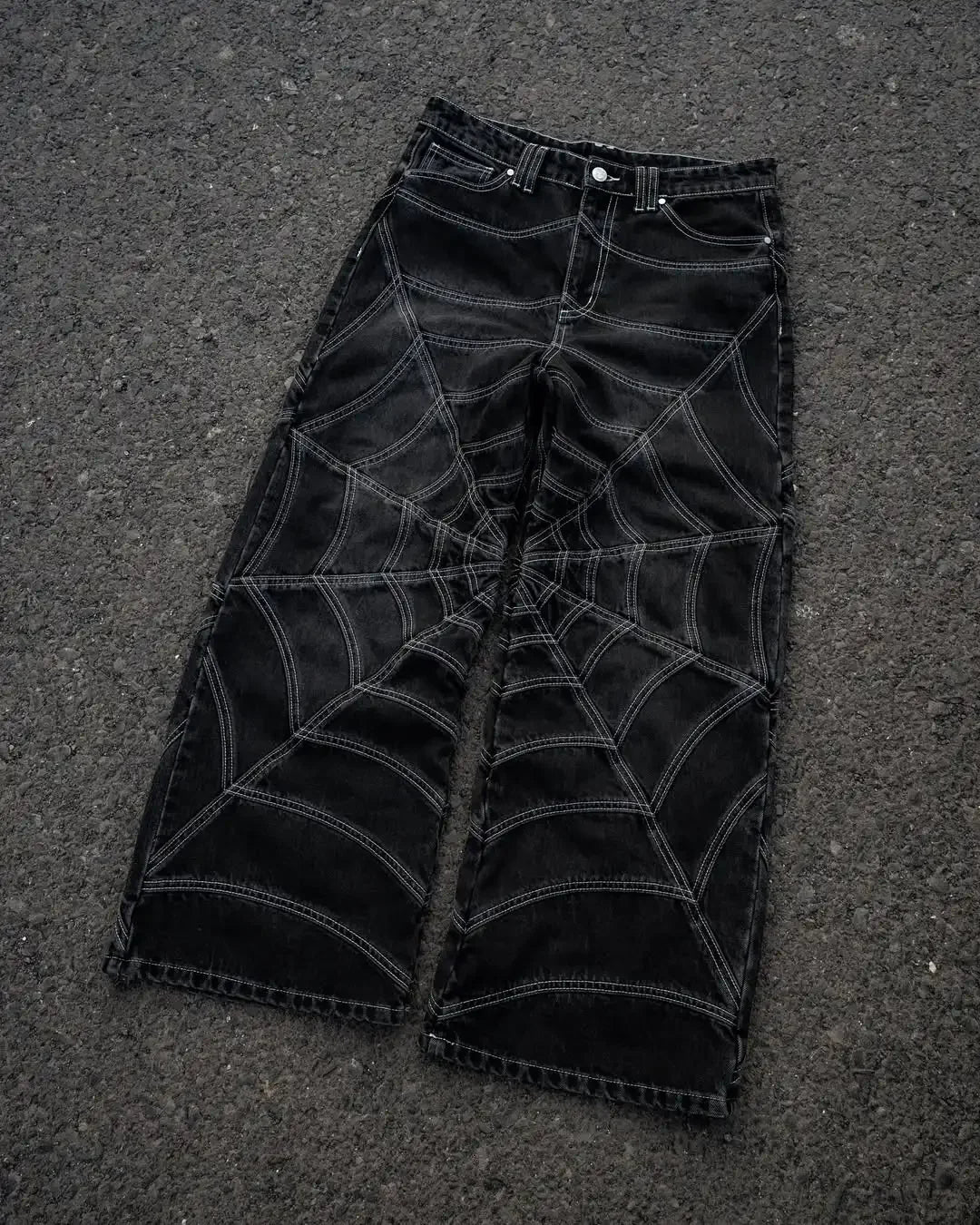 Trendy Harajuku Hip-hop Spider Striped Print Jeans Men Y2k American High Waist Wash Oversized Trousers Wide-leg Pants Women