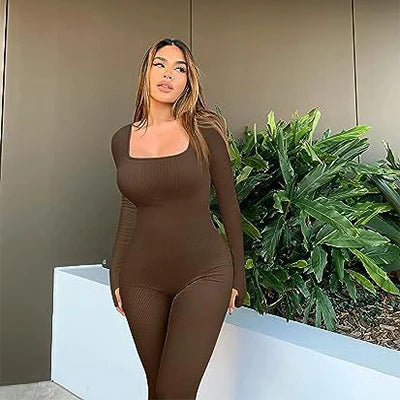 Square Collar Clothing Women's Yoga Sports Fitness Jumpsuit Workout Long Sleeve