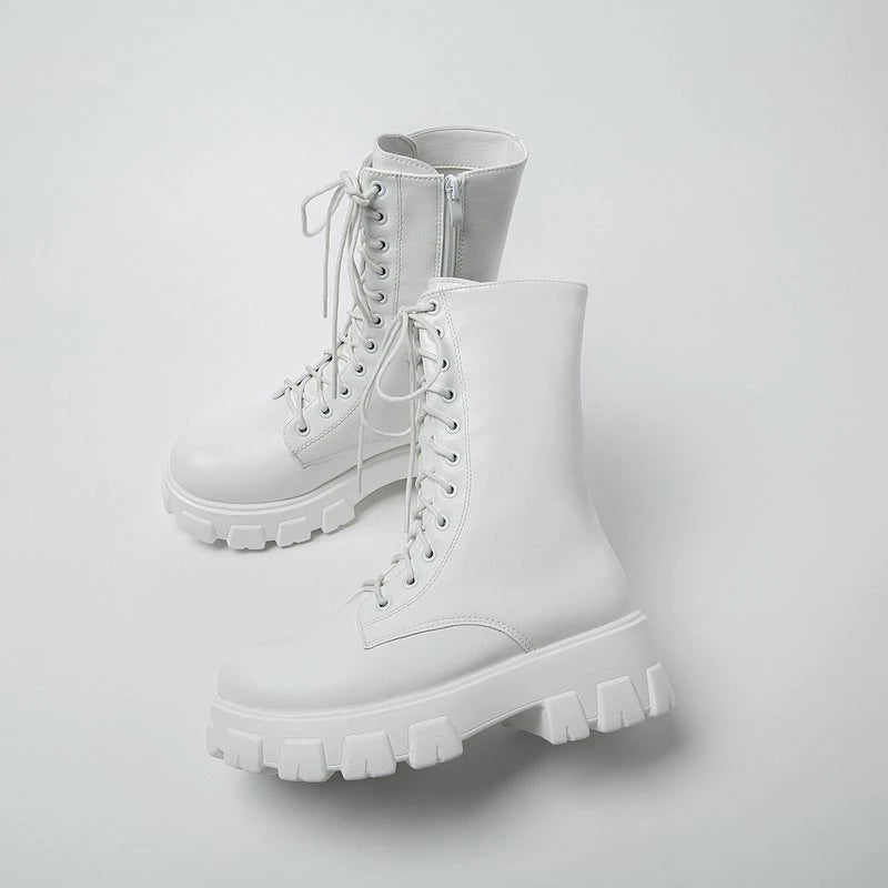 New Mid Calf Boots Autumn Winter Fashion Lace-up Ladies Chelsea Zipper