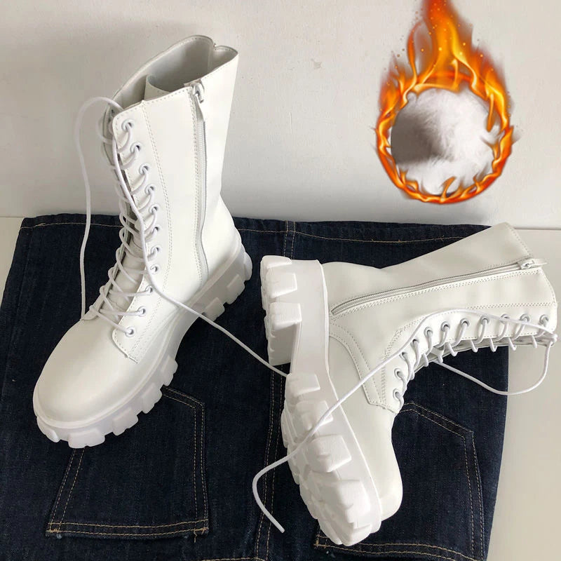 New Mid Calf Boots Autumn Winter Fashion Lace-up Ladies Chelsea Zipper