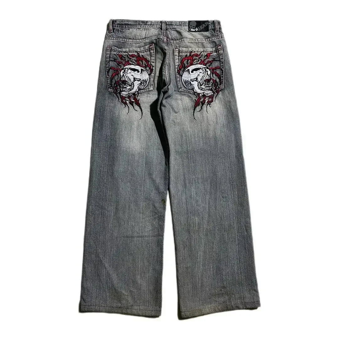 Y2K Fashion Baggy Jeans Goth Stripe Embroidery Straight Leg Pants Wing Hot melt Loose Denim Jeans Men Fashion Wide-Leg Trousers