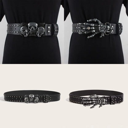 Fashion Casual Skull Belt Punk Versatile Gothic Leather Belt Adjustable Snap on Waist Belt Unisex
