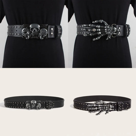 Fashion Casual Skull Belt Punk Versatile Gothic Leather Belt Adjustable Snap on Waist Belt Unisex