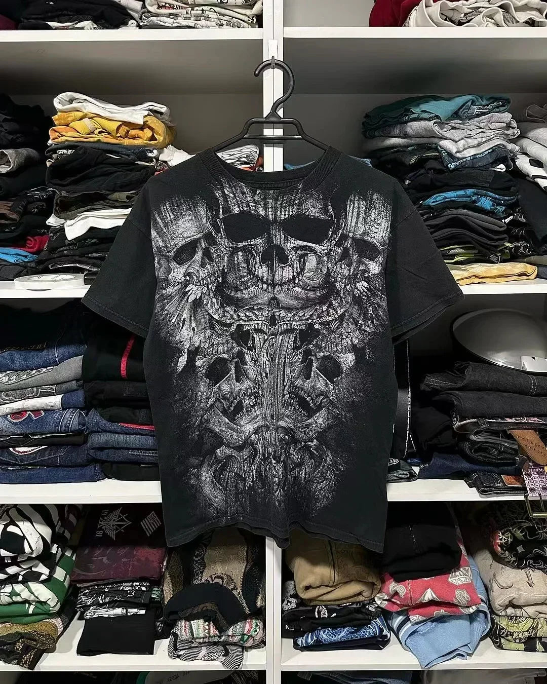 Men Gothic Skeleton Print T-shirt With Crew Neck Loose Shirt 2000s Clothing Hip Hop Couple Top Versatile Retro Pop Street