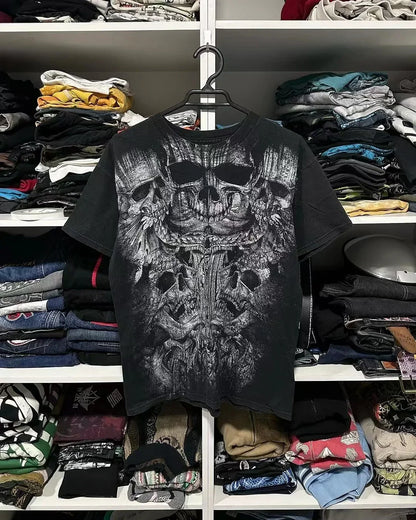 Men Gothic Skeleton Print T-shirt With Crew Neck Loose Shirt 2000s Clothing Hip Hop Couple Top Versatile Retro Pop Street