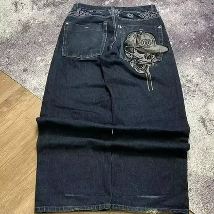 Y2K Fashion Baggy Jeans Goth Stripe Embroidery Straight Leg Pants Wing Hot melt Loose Denim Jeans Men Fashion Wide-Leg Trousers