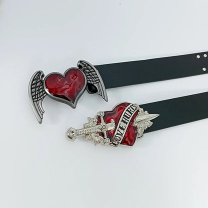 Unisex Jeans Belt Red Heart Wings Goth Y2k Fashion Belts For Women High Quality Luxury Brand Rivet Punk Accessory Men Waistband