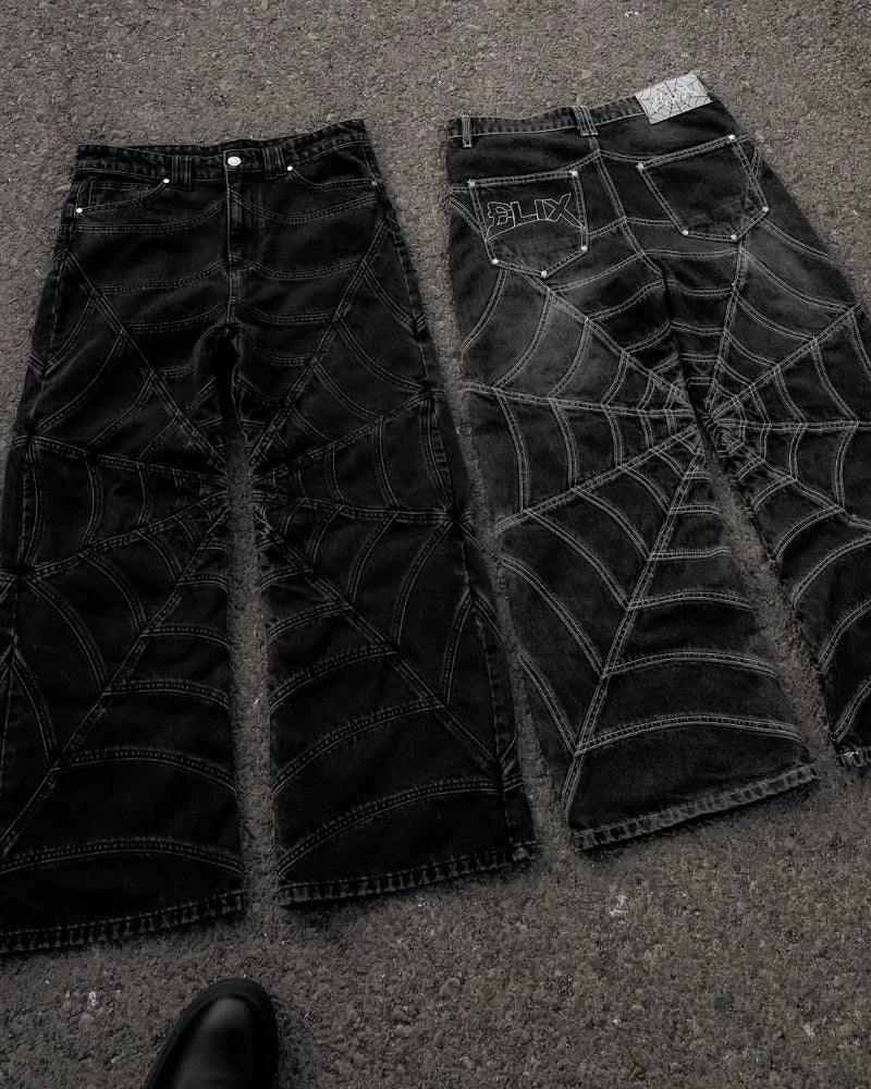 Trendy Harajuku Hip-hop Spider Striped Print Jeans Men Y2k American High Waist Wash Oversized Trousers Wide-leg Pants Women