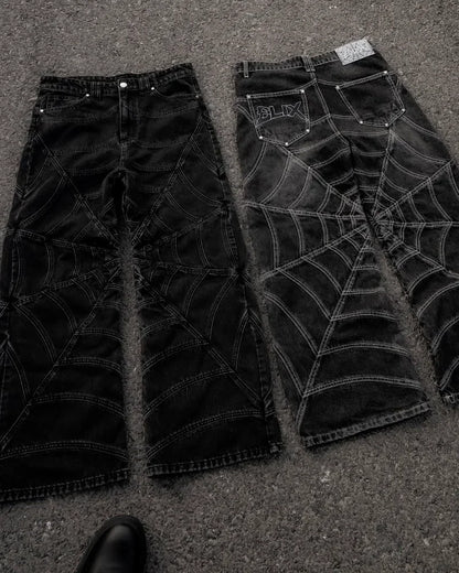 Trendy Harajuku Hip-hop Spider Striped Print Jeans Men Y2k American High Waist Wash Oversized Trousers Wide-leg Pants Women