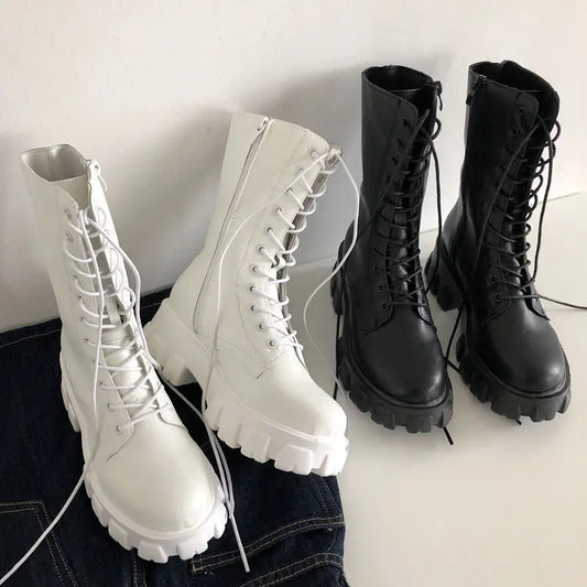New Mid Calf Boots Autumn Winter Fashion Lace-up Ladies Chelsea Zipper