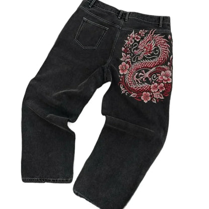American Gothic Retro Cross Embroidery Washed Heavy Loose Jeans Men's Y2K New Popular Harajuku Hip-Hop Rock Couples Street Wear