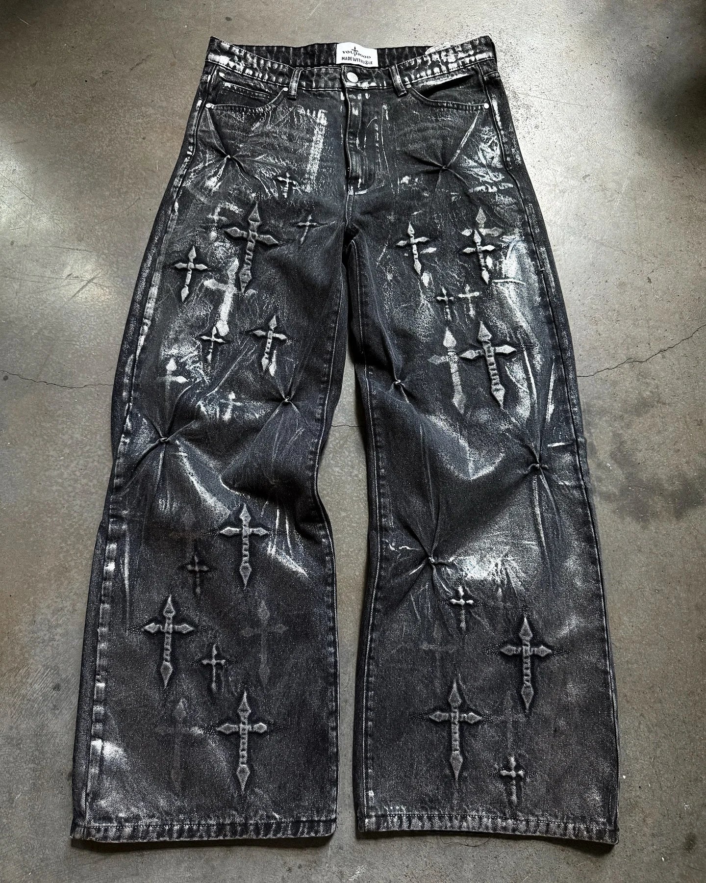 American Gothic Retro Cross Embroidery Washed Heavy Loose Jeans Men's Y2K New Popular Harajuku Hip-Hop Rock Couples Street Wear