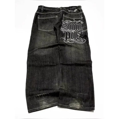 American Gothic Retro Cross Embroidery Washed Heavy Loose Jeans Men's Y2K New Popular Harajuku Hip-Hop Rock Couples Street Wear