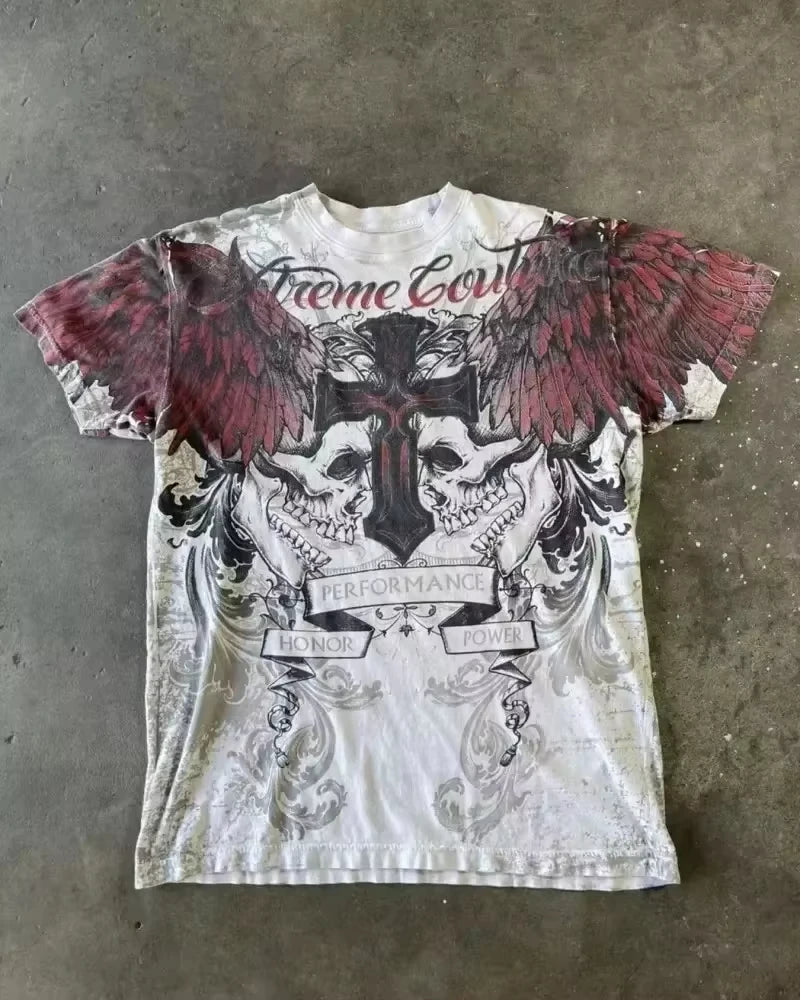 Men T-shirts Y2K Affliction Retro Women T-shirt Style Streetwear Tee Gothic Skull Cross Print Trendy Graphic Kid T-shirts
