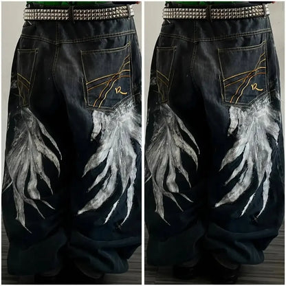 Y2K Fashion Baggy Jeans Goth Stripe Embroidery Straight Leg Pants Wing Hot melt Loose Denim Jeans Men Fashion Wide-Leg Trousers