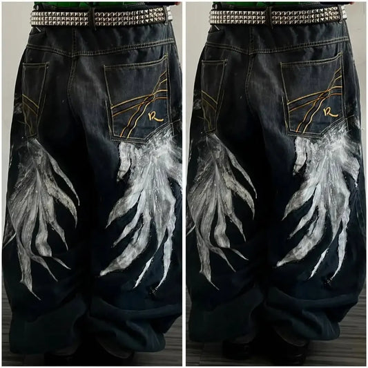 Y2K Fashion Baggy Jeans Goth Stripe Embroidery Straight Leg Pants Wing Hot melt Loose Denim Jeans Men Fashion Wide-Leg Trousers