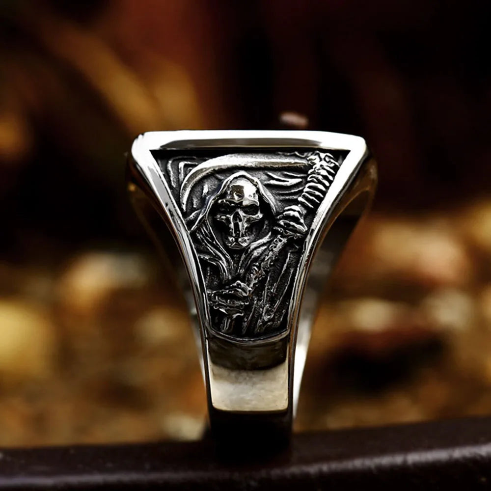 Grim Reaper Ring Retro Scythe Skull Rings Stainless Steel Hip Hop Men's Jewelry