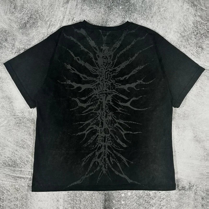 Men Gothic Skeleton Print T-shirt With Crew Neck Loose Shirt 2000s Clothing Hip Hop Couple Top Versatile Retro Pop Street