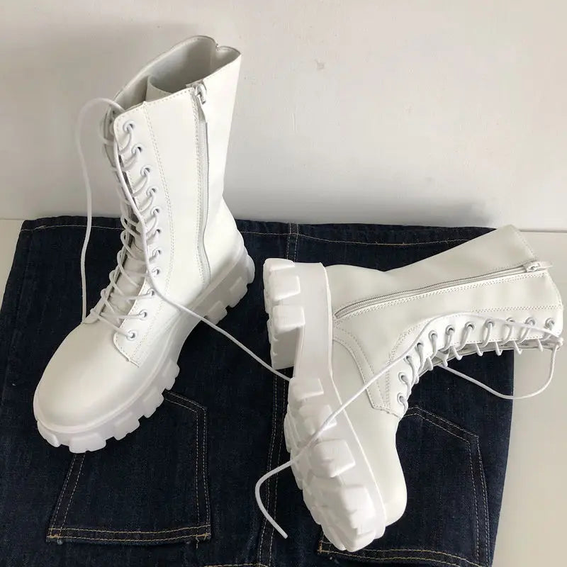 New Mid Calf Boots Autumn Winter Fashion Lace-up Ladies Chelsea Zipper