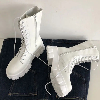 New Mid Calf Boots Autumn Winter Fashion Lace-up Ladies Chelsea Zipper