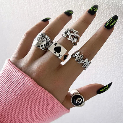 Vintage Gothic Heart Rings Set For Women Men Punk Playing Card Spades Geometric Hollow Butterfly Ring Retro Finger Ring Jewelry