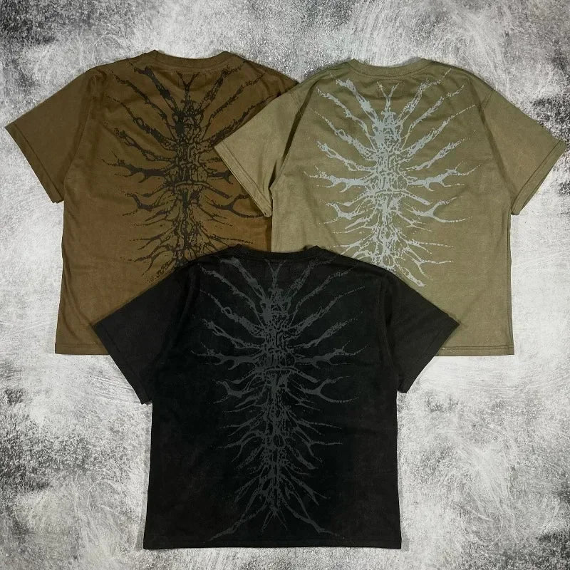Men Gothic Skeleton Print T-shirt With Crew Neck Loose Shirt 2000s Clothing Hip Hop Couple Top Versatile Retro Pop Street