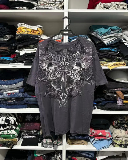 Men Gothic Skeleton Print T-shirt With Crew Neck Loose Shirt 2000s Clothing Hip Hop Couple Top Versatile Retro Pop Street
