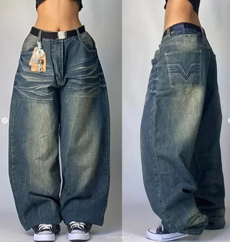 Y2K Fashion Baggy Jeans Goth Stripe Embroidery Straight Leg Pants Wing Hot melt Loose Denim Jeans Men Fashion Wide-Leg Trousers