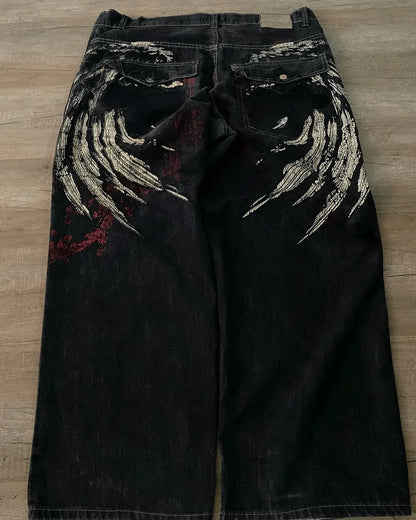 Y2K Fashion Baggy Jeans Goth Stripe Embroidery Straight Leg Pants Wing Hot melt Loose Denim Jeans Men Fashion Wide-Leg Trousers