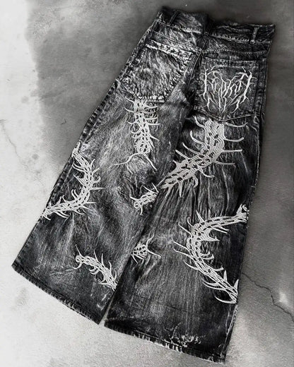 American Gothic Retro Cross Embroidery Washed Heavy Loose Jeans Men's Y2K New Popular Harajuku Hip-Hop Rock Couples Street Wear
