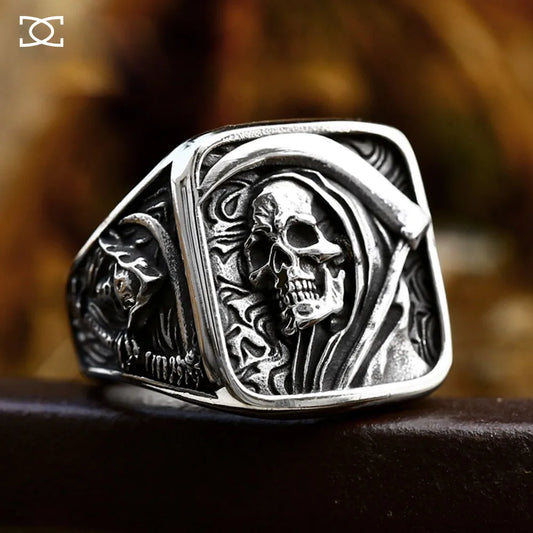 Grim Reaper Ring Retro Scythe Skull Rings Stainless Steel Hip Hop Men's Jewelry
