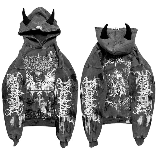 Overdxse Devil Horn Hoodie Gothic Street Clothing Oversized Pullover Unique Horn Design Avant-garde Fashion Limited Edition