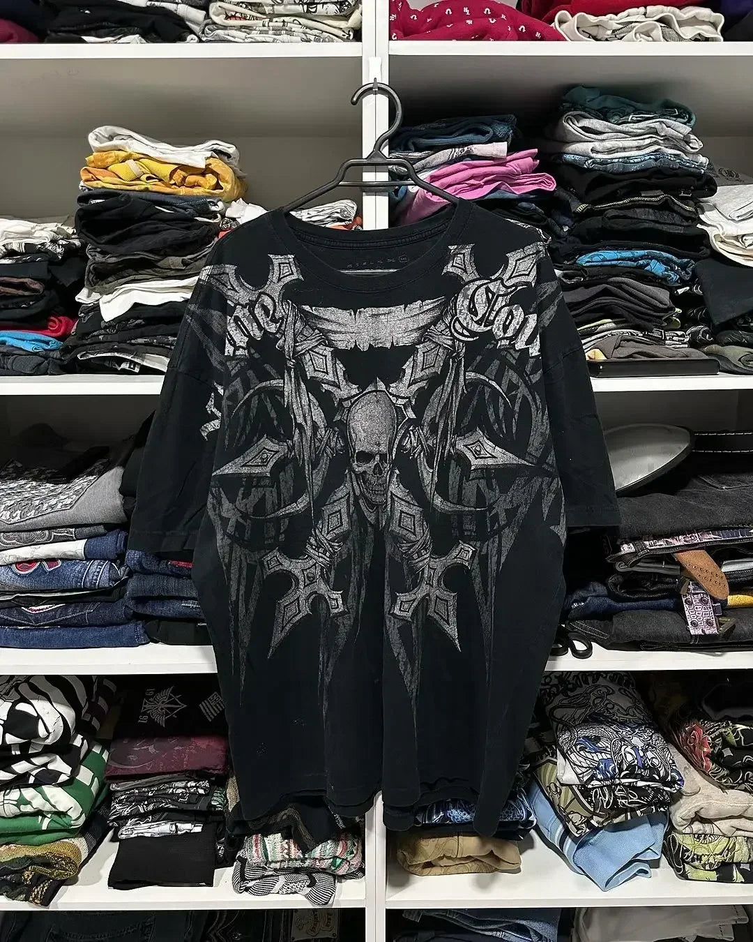 Men Gothic Skeleton Print T-shirt With Crew Neck Loose Shirt 2000s Clothing Hip Hop Couple Top Versatile Retro Pop Street