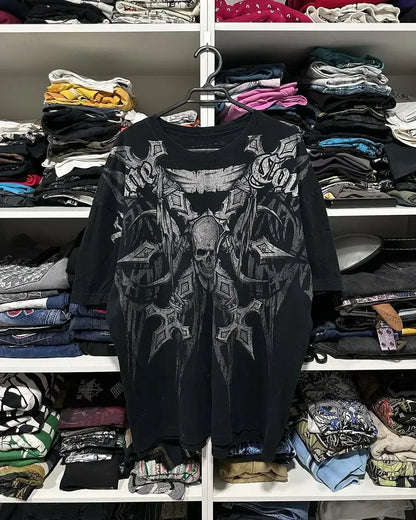 Men Gothic Skeleton Print T-shirt With Crew Neck Loose Shirt 2000s Clothing Hip Hop Couple Top Versatile Retro Pop Street