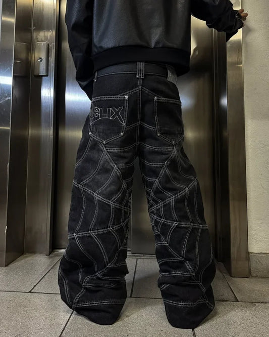 Trendy Harajuku Hip-hop Spider Striped Print Jeans Men Y2k American High Waist Wash Oversized Trousers Wide-leg Pants Women