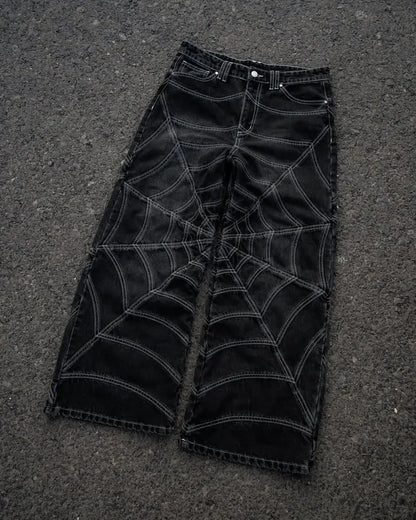 Trendy Harajuku Hip-hop Spider Striped Print Jeans Men Y2k American High Waist Wash Oversized Trousers Wide-leg Pants Women