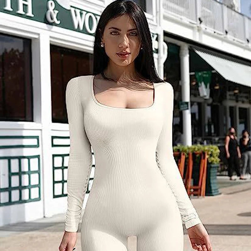 Square Collar Clothing Women's Yoga Sports Fitness Jumpsuit Workout Long Sleeve