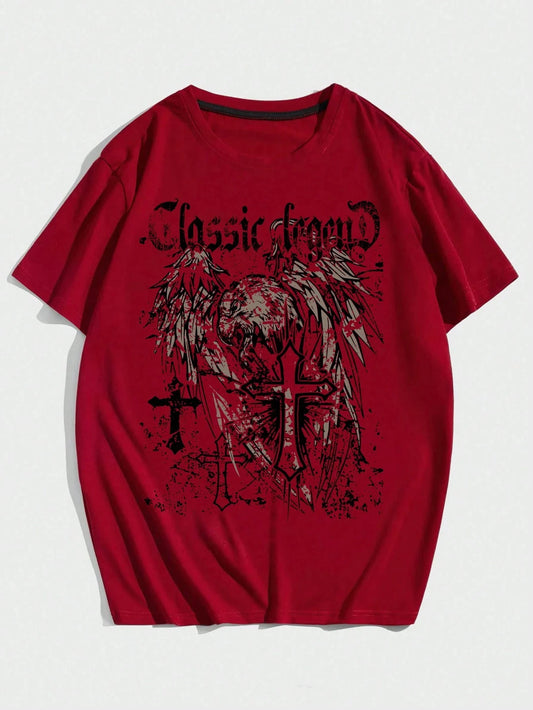 Goth Eagle &amp; Cross Printed Y2k Character Unisex Men Women Cotton T-shirt Luxury Fashion Big Size Top Short Sleeve Classic Tee