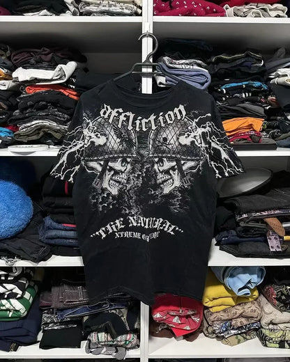 Men Gothic Skeleton Print T-shirt With Crew Neck Loose Shirt 2000s Clothing Hip Hop Couple Top Versatile Retro Pop Street