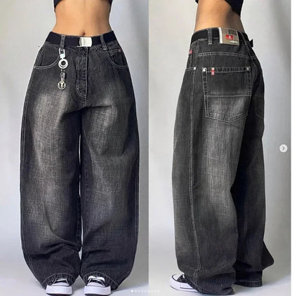 Y2K Fashion Baggy Jeans Goth Stripe Embroidery Straight Leg Pants Wing Hot melt Loose Denim Jeans Men Fashion Wide-Leg Trousers