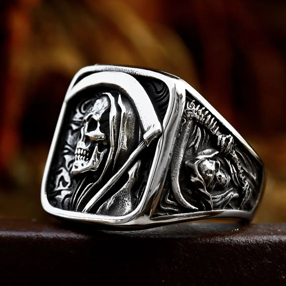 Grim Reaper Ring Retro Scythe Skull Rings Stainless Steel Hip Hop Men's Jewelry