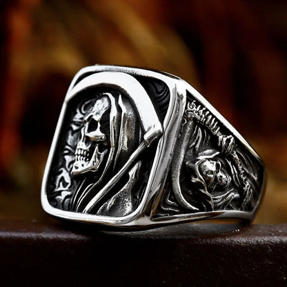Grim Reaper Ring Retro Scythe Skull Rings Stainless Steel Hip Hop Men's Jewelry