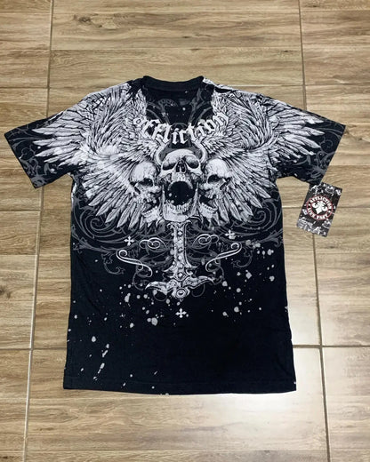 Men Gothic Skeleton Print T-shirt With Crew Neck Loose Shirt 2000s Clothing Hip Hop Couple Top Versatile Retro Pop Street