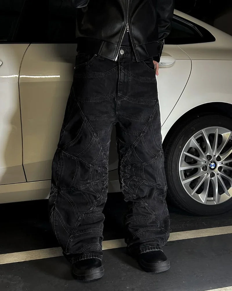 Trendy Harajuku Hip-hop Spider Striped Print Jeans Men Y2k American High Waist Wash Oversized Trousers Wide-leg Pants Women