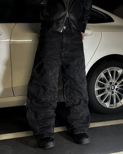 Trendy Harajuku Hip-hop Spider Striped Print Jeans Men Y2k American High Waist Wash Oversized Trousers Wide-leg Pants Women