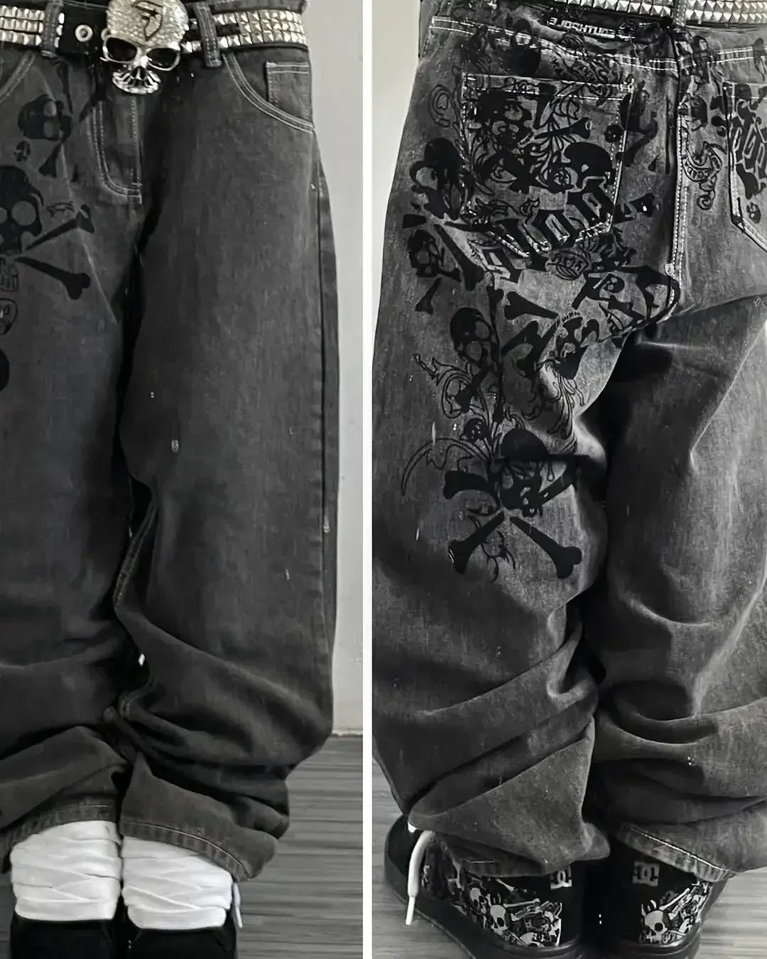 Y2K Fashion Baggy Jeans Goth Stripe Embroidery Straight Leg Pants Wing Hot melt Loose Denim Jeans Men Fashion Wide-Leg Trousers