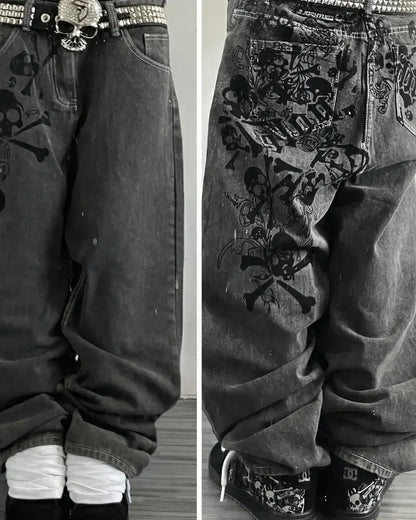 Y2K Fashion Baggy Jeans Goth Stripe Embroidery Straight Leg Pants Wing Hot melt Loose Denim Jeans Men Fashion Wide-Leg Trousers